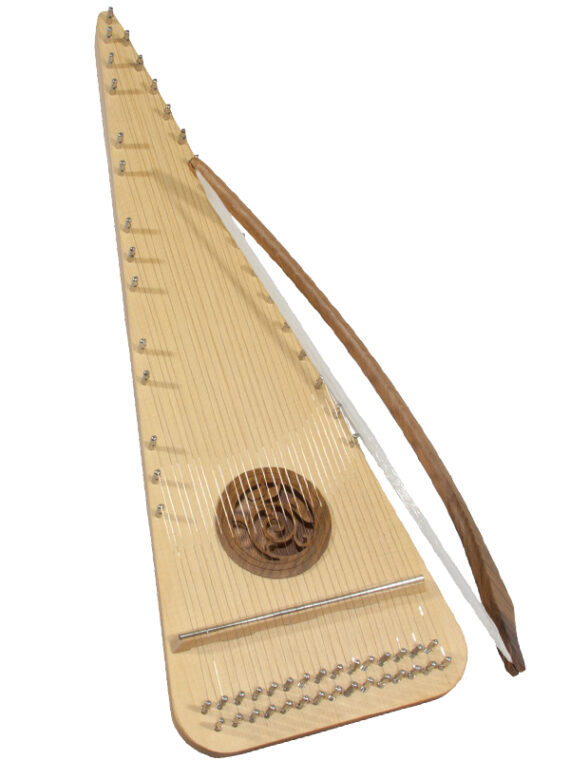 This right-handed psaltery Right-Handed has 30 steel strings, ranging F4-Bb6. Constructed with a spruce soundboard on a body of lacewood