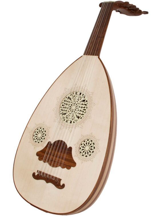 This 14-string Egyptian style Arabic Oud Deluxe Rosewood features a spruce soundboard and the body is constructed of alternating dark Rosewood