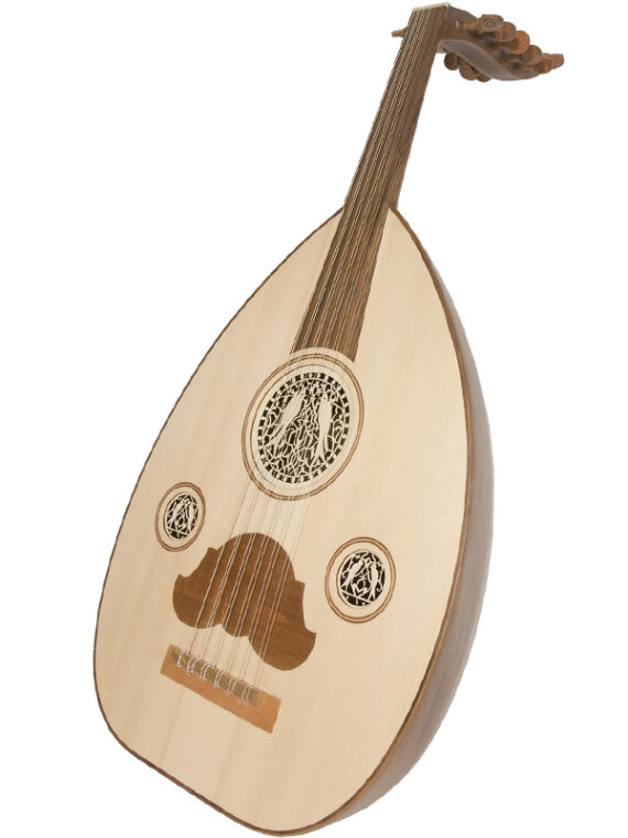 Six course Arabic oud with classic tear drop shape and bowl bottom. It includes 7 wound nylon strings and 4 rectified nylon strings,