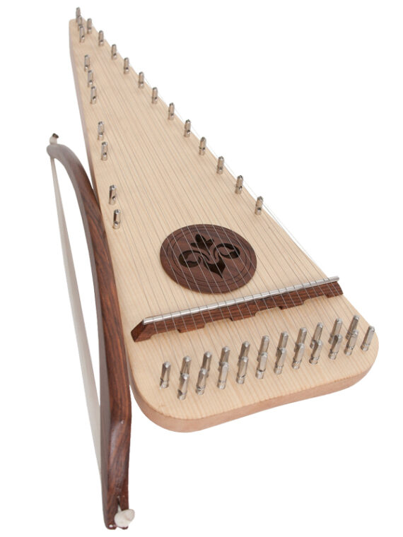 This right-handed Soprano rounded psaltery has 22 strings, ranging C5 - A6. Constructed with a spruce soundboard on a body of lacewood.