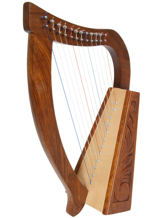 Baby Harp TM, 12 Strings.  This functioning harp has an engraved Rosewood frame with a birch soundboard. Featuring 12 DuPont hard nylon strings