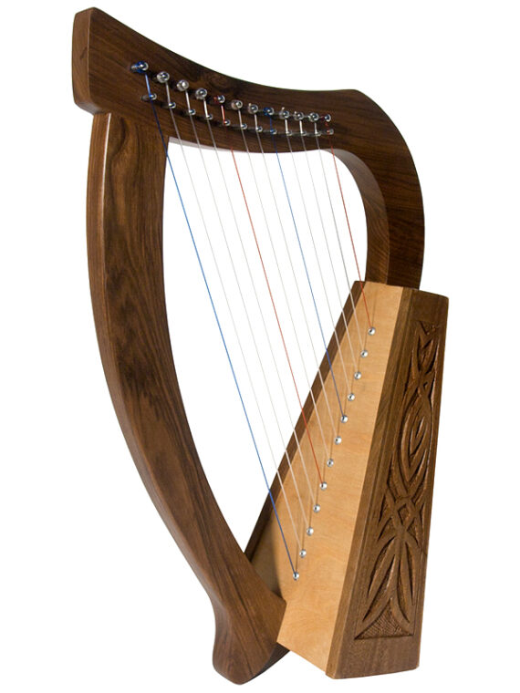 This baby harp 12 string knotwork is Approximately 21" high. Featuring 12 DuPont hard nylon strings, a range from F above Middle C to High C