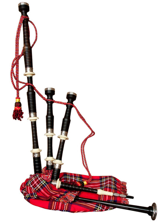 Royal Stewart Tartan cover with Ebony bagpipe Rexine bag, engraved ferrules and sole with imitation ivory mounts. Therefore This Roosebeck Bagpipe set has a Rexine bag