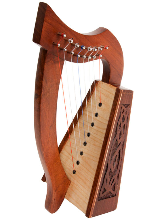 8-String Lily Harp with Knotwork carvings. Approximately 15" high. Featuring 8 DuPont hard nylon strings, a range from C above Middle C to H