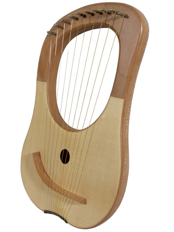 The solid lyre harp 10 string lacewood body lends itself to the soft gentle curves of this ten string lyre. The ten metal strings provide a classical sound