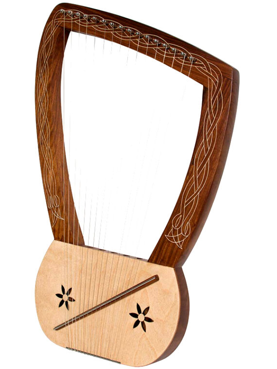 This lyre harp 16 string has 16 metal strings that are each 25 inches.  Features inlaid arms and stars carved on the soundboard that add to the beauty