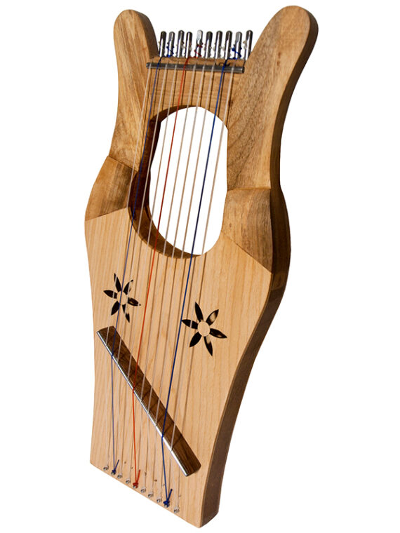 King David's Harp, 16"x8", walnut frame with ash soundboard. 10 nylon strings for the biblical scale. Featuring DuPont hard nylon strings.