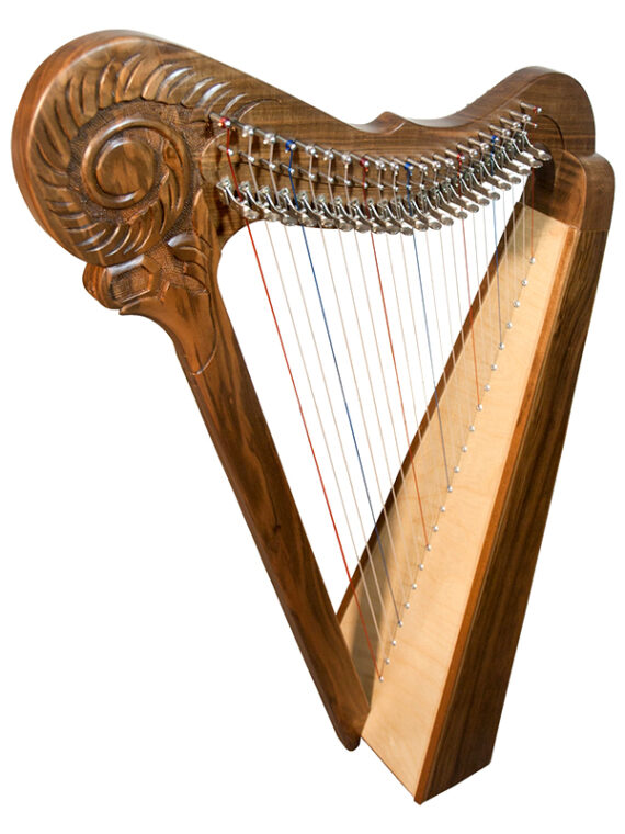 22 string Parisian Harp. This is a stylishly designed harp, in solid walnut with a spruce soundboard. There are 22 DuPont Nylon strings with full levers