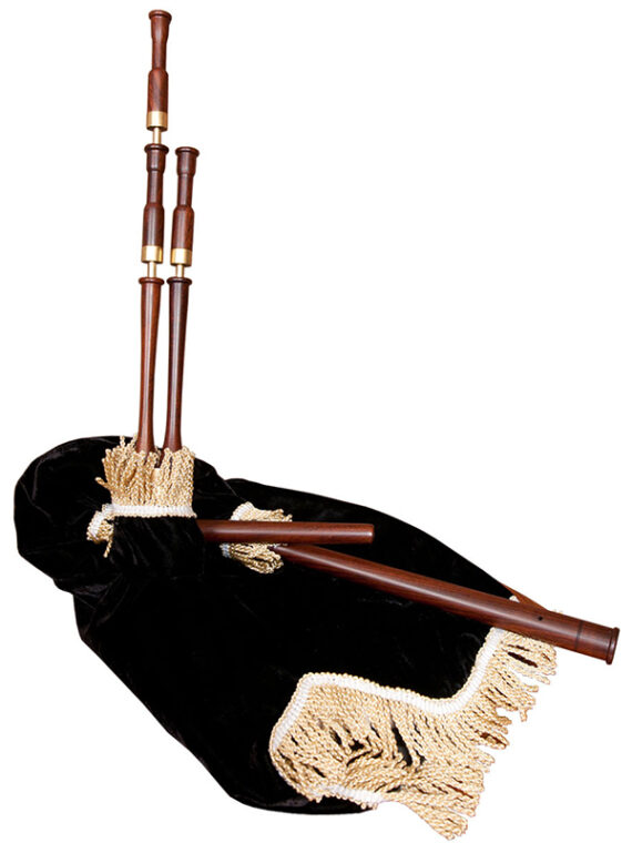 ROSEWOOD MEDIEVAL SMALLPIPES WITH BRASS MOUNTS AND BLACK VELVET COVER