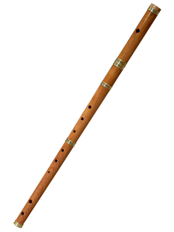 This satinwood irish flute is in the key of D.  It is tuned to the traditional Irish scale, the F# is flat, the A is sharp